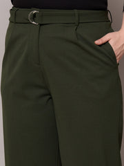 Women Olive Straight Belted Pants-SFPANT51276