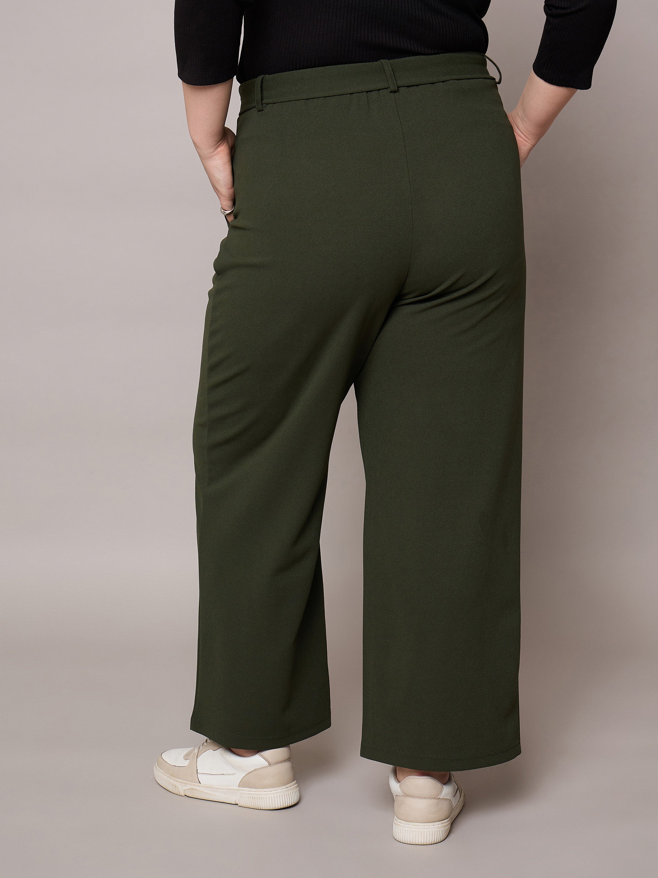 Women Olive Straight Belted Pants-SFPANT51276