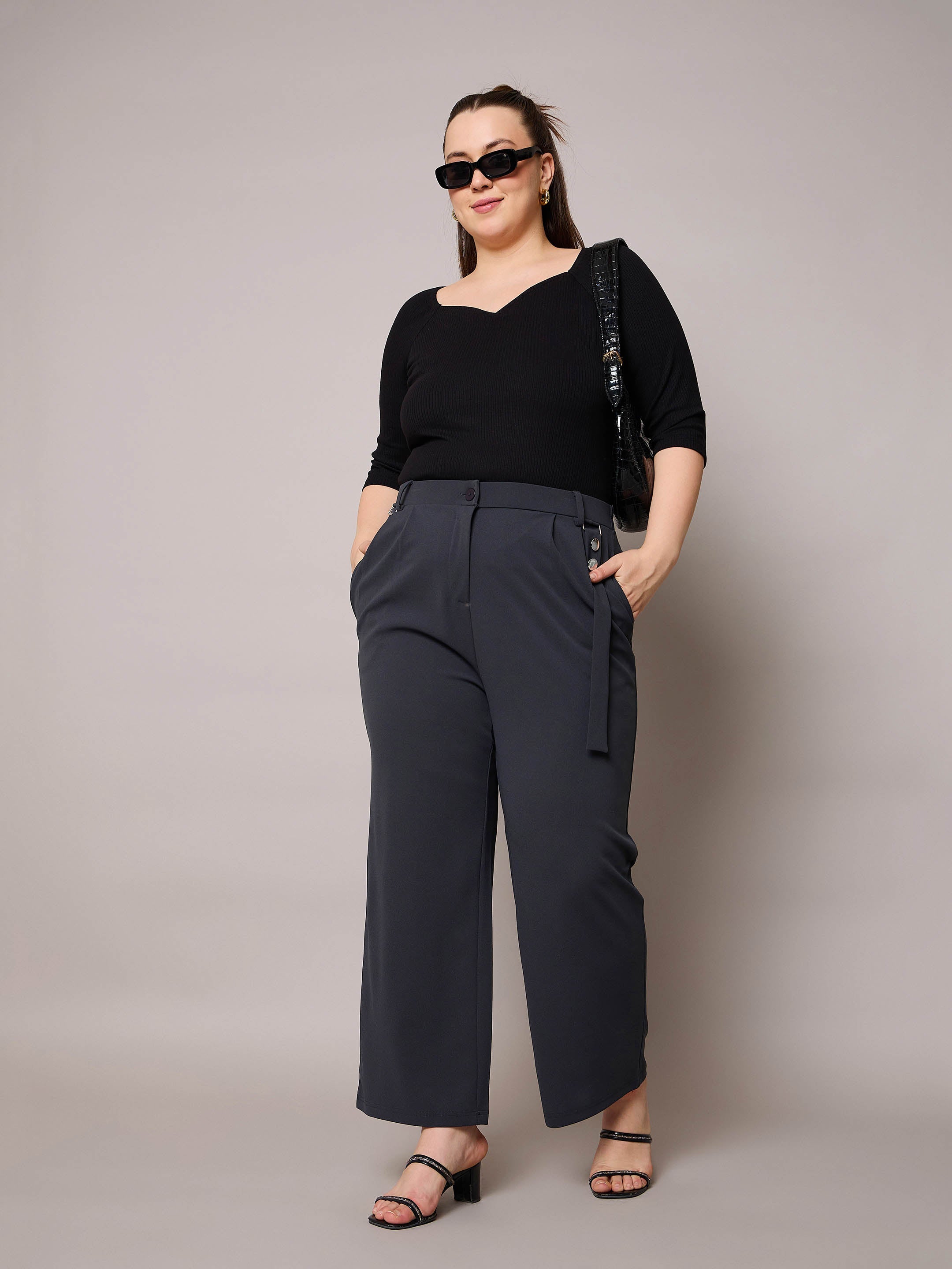 Women Grey Front Pleat Straight Pants-SFPANT51277