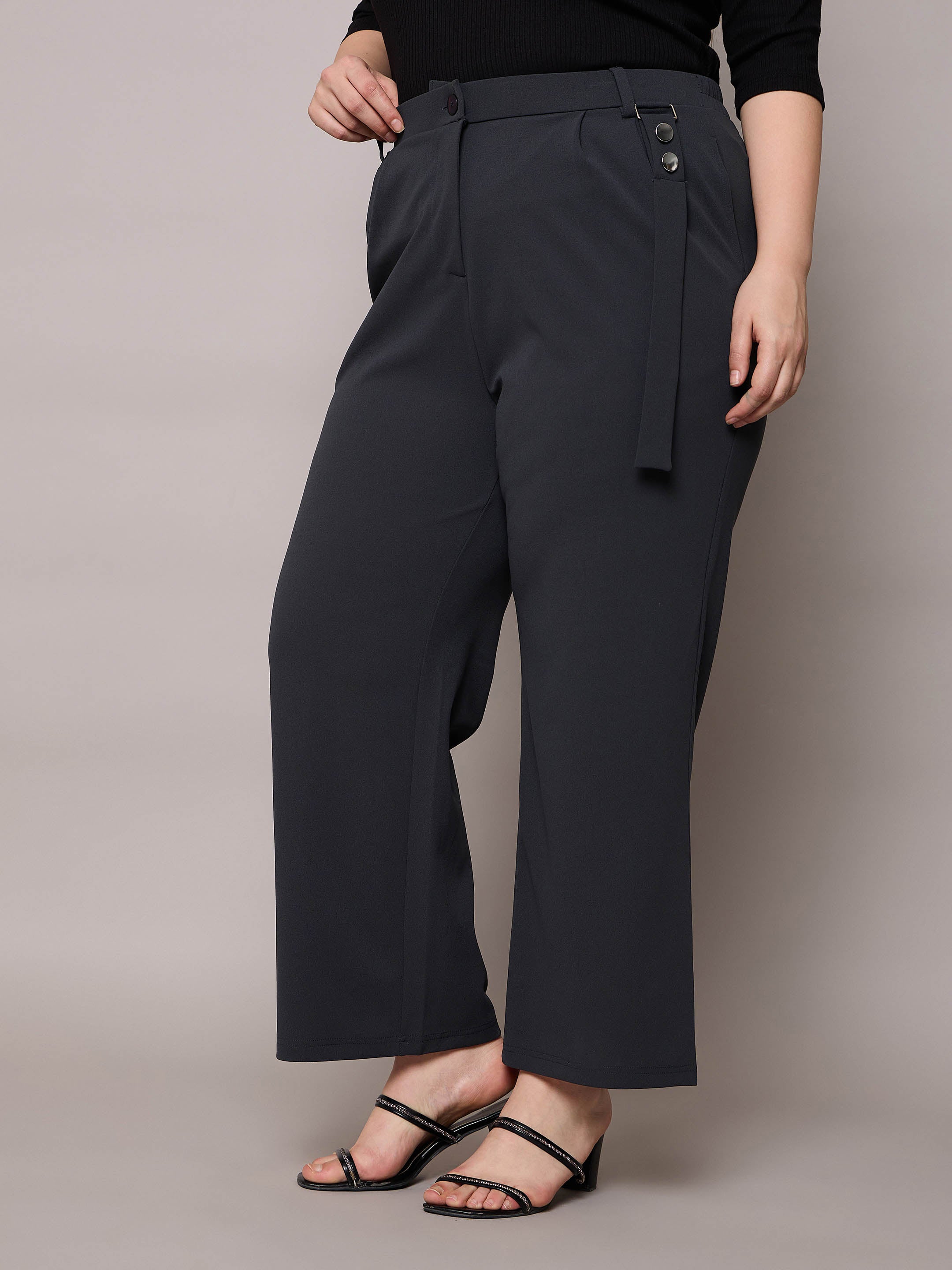 Women Grey Front Pleat Straight Pants-SFPANT51277