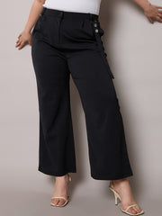 Women Black Front Pleat Straight Pants-SFPANT51278