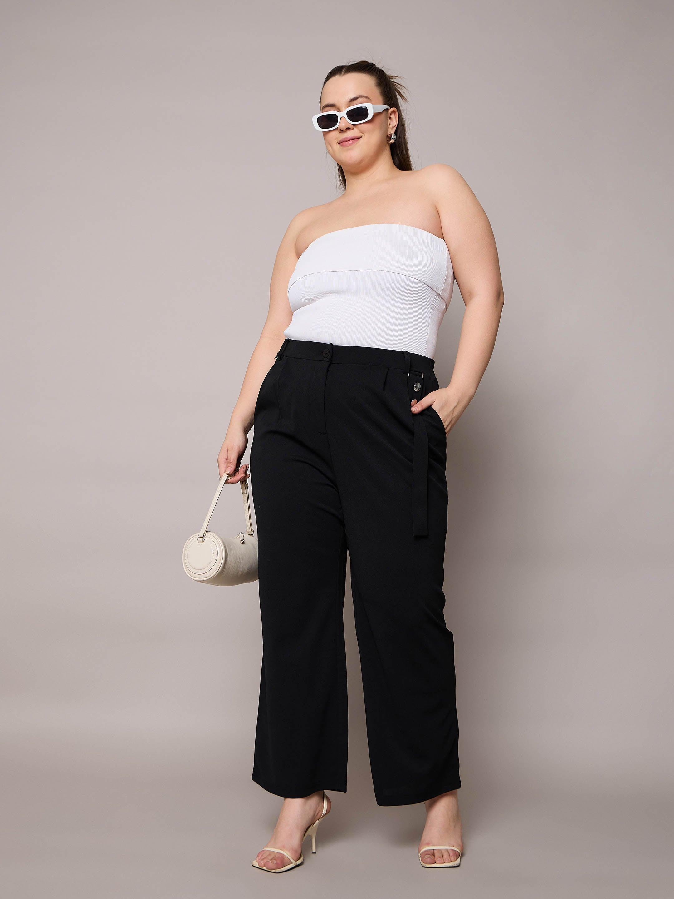 Women Black Front Pleat Straight Pants-SFPANT51278