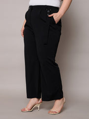 Women Black Front Pleat Straight Pants-SFPANT51278
