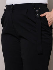 Women Black Front Pleat Straight Pants-SFPANT51278