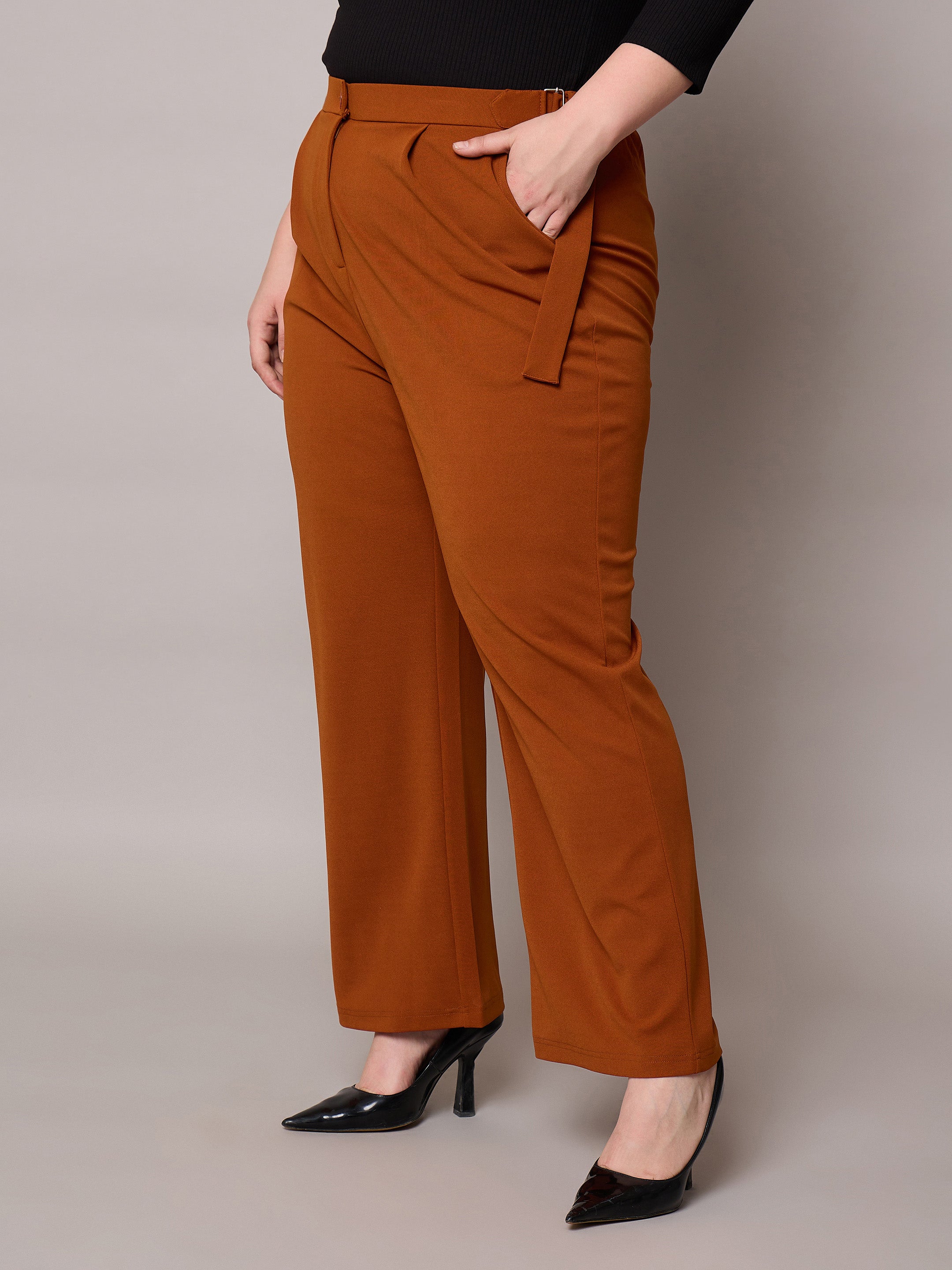 Women Rust Side Metal Buckle Straight Pants-SFPANT51279