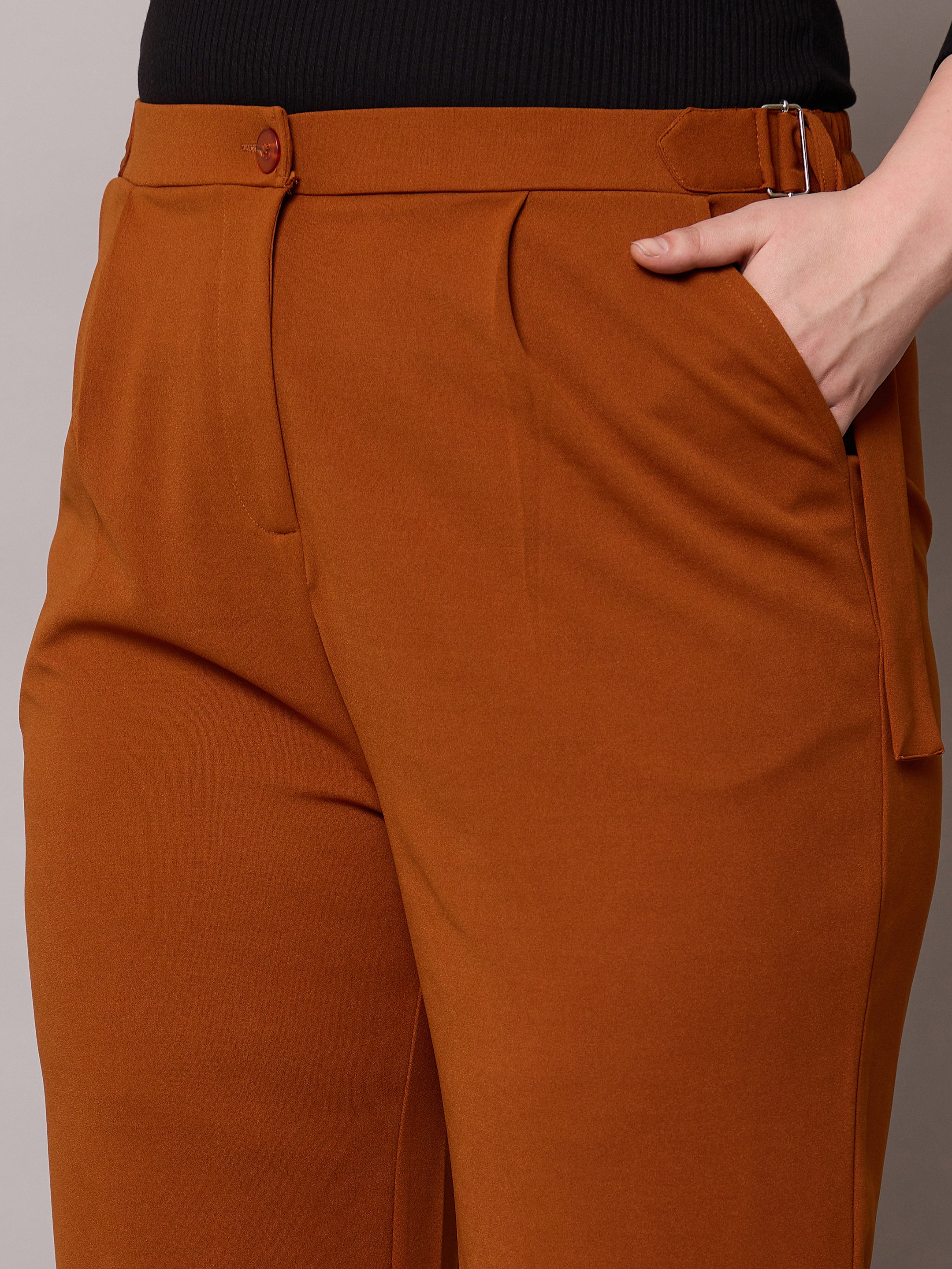 Women Rust Side Metal Buckle Straight Pants-SFPANT51279