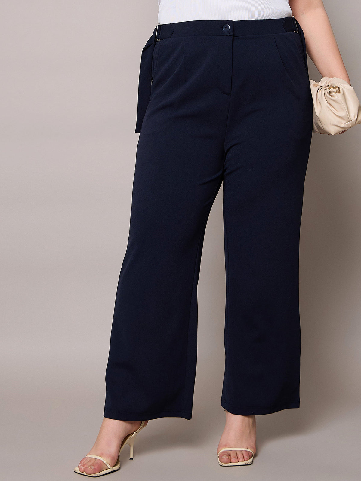 Women Navy Side Metal Buckle Straight Pants-SFPANT51280