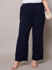Women Navy Side Metal Buckle Straight Pants-SFPANT51280