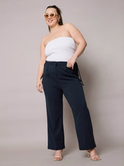 Women Navy Side Metal Buckle Straight Pants-SFPANT51280