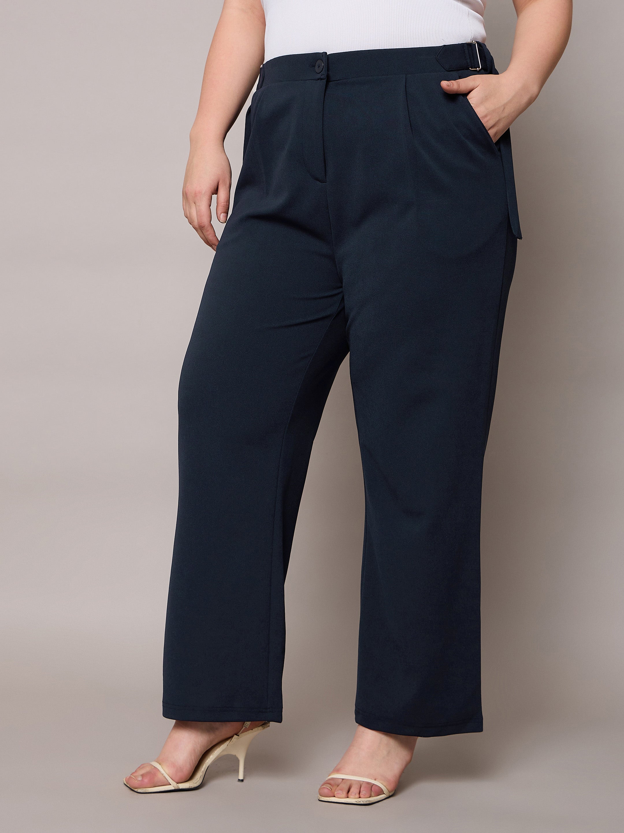Women Navy Side Metal Buckle Straight Pants-SFPANT51280