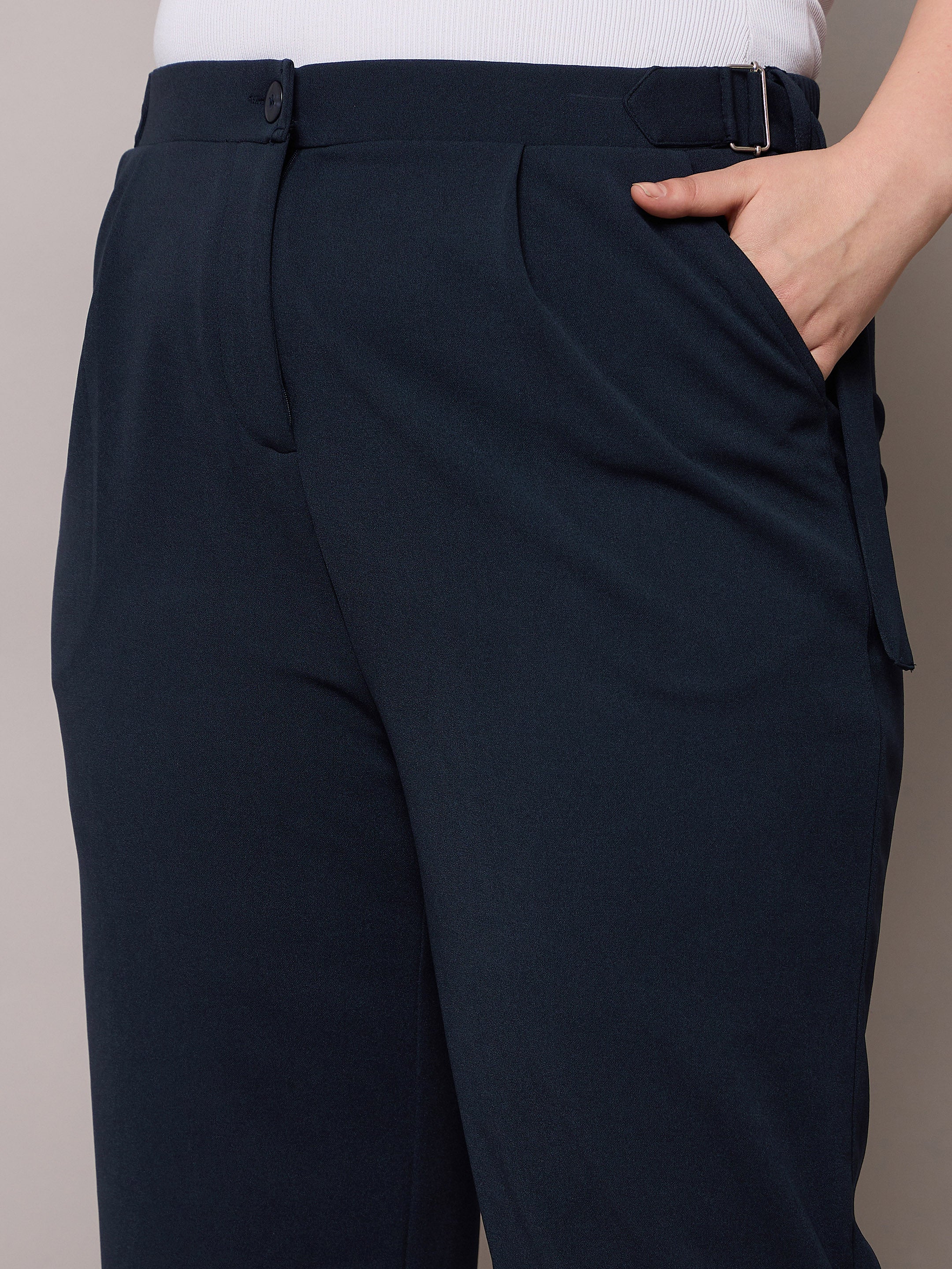 Women Navy Side Metal Buckle Straight Pants-SFPANT51280