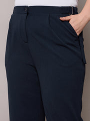 Women Navy Side Metal Buckle Straight Pants-SFPANT51280