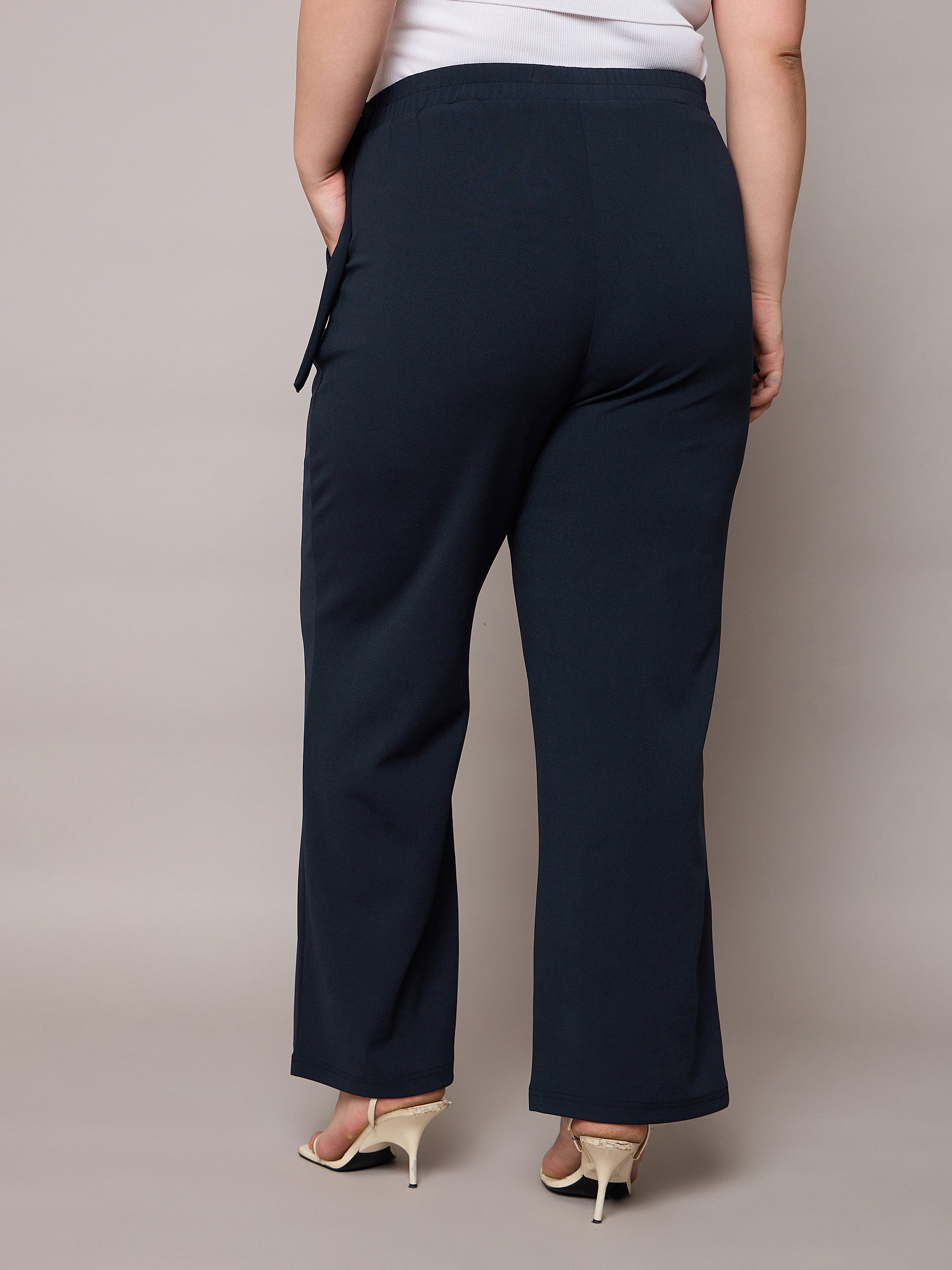 Women Navy Side Metal Buckle Straight Pants-SFPANT51280