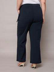 Women Navy Side Metal Buckle Straight Pants-SFPANT51280