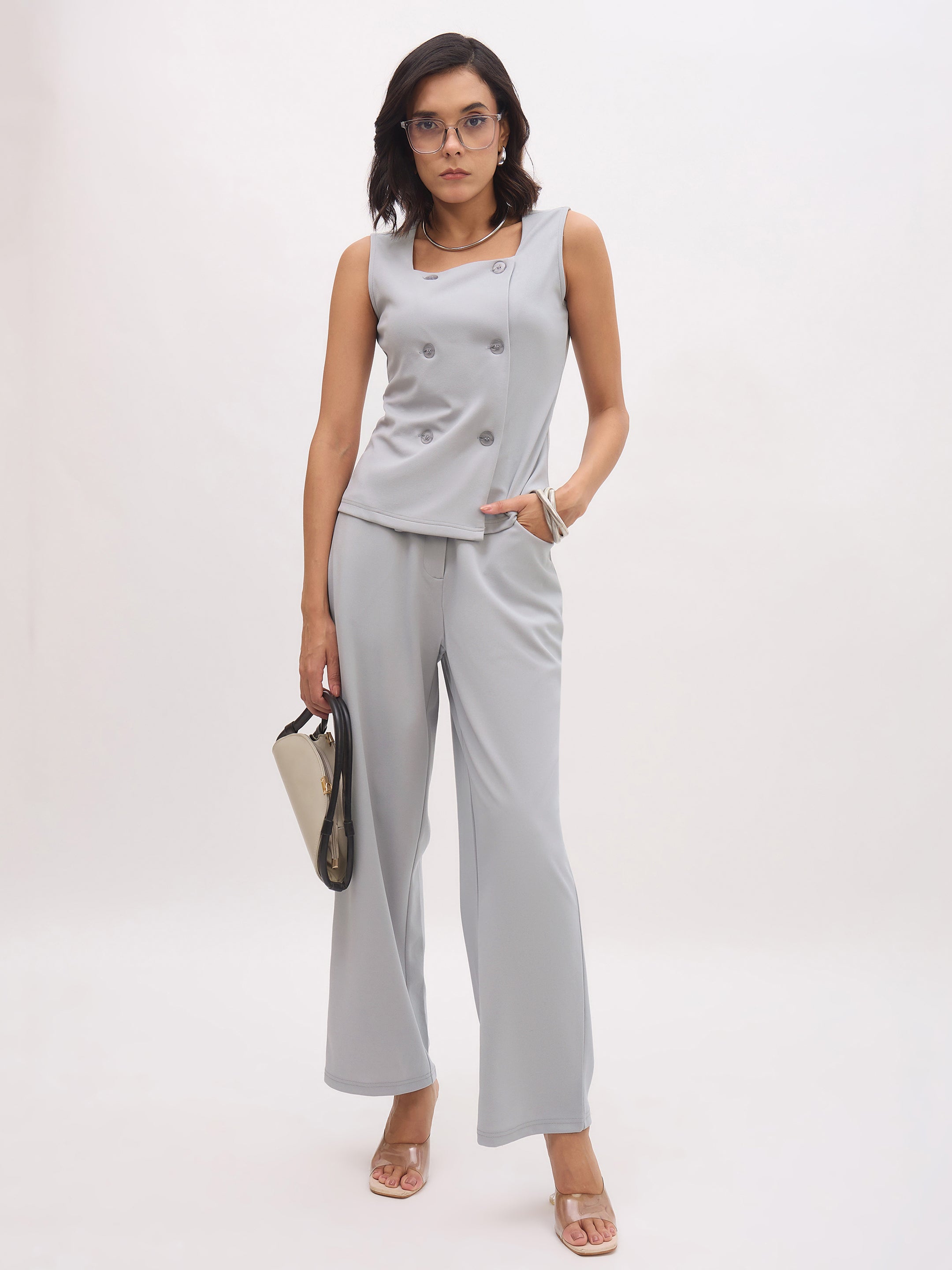 Women Grey Cross Pocket Straight Pants-SFPANT51282
