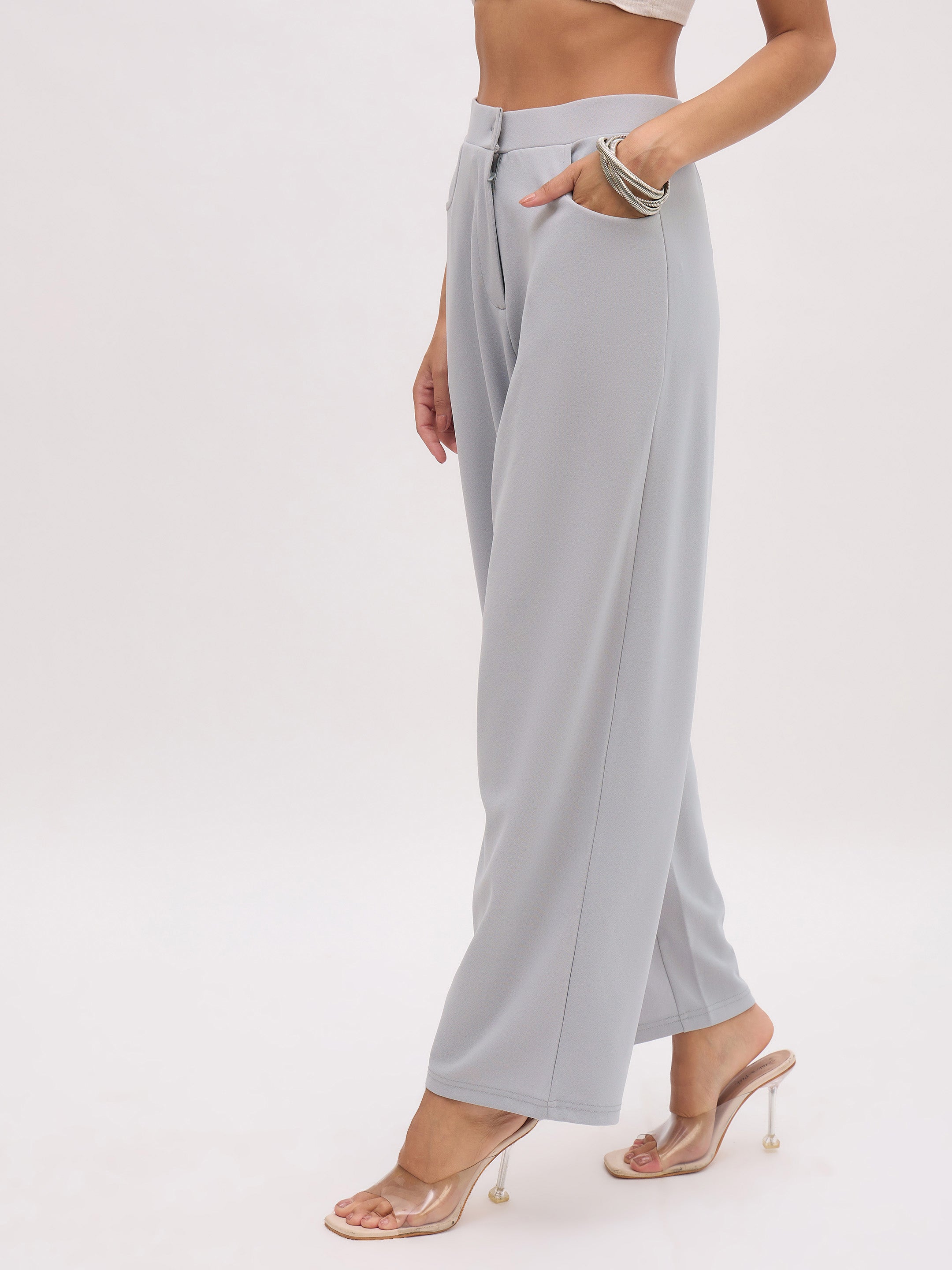 Women Grey Cross Pocket Straight Pants-SFPANT51282