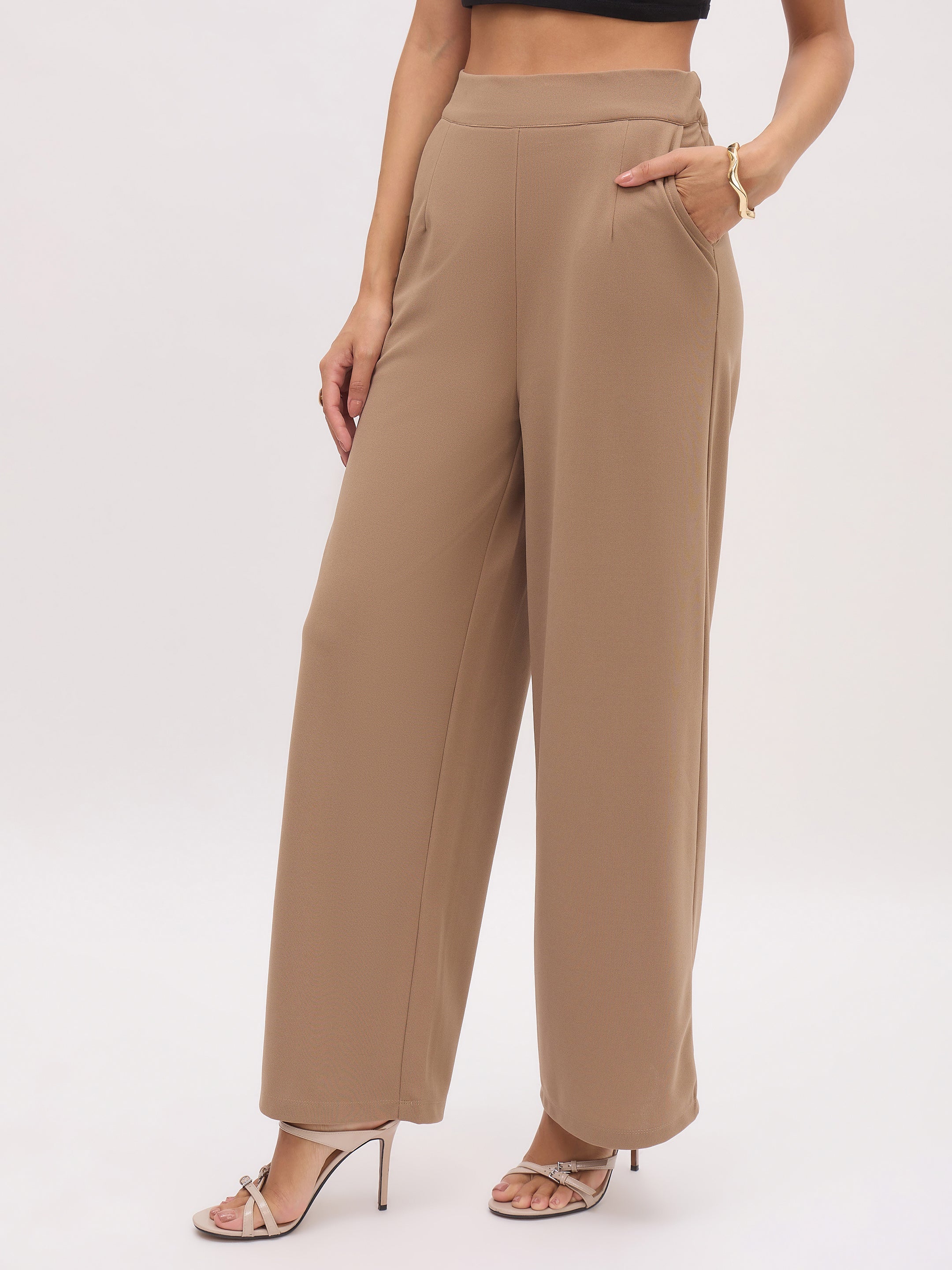 Women Beige Cross Pocket Front Dart Straight Pants-SFPANT51283