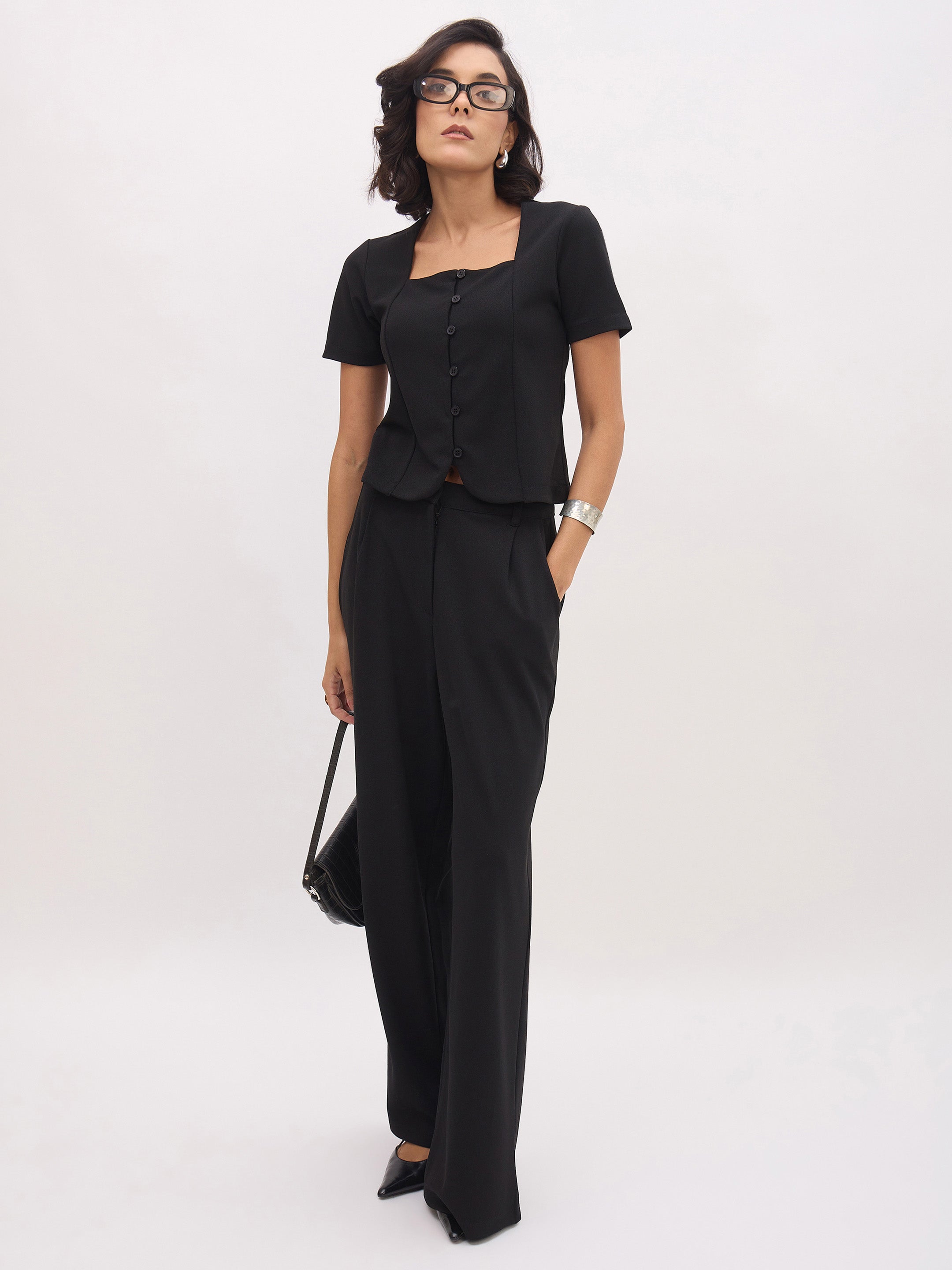 Women Black Cross Pocket Pants-SFPANT51286