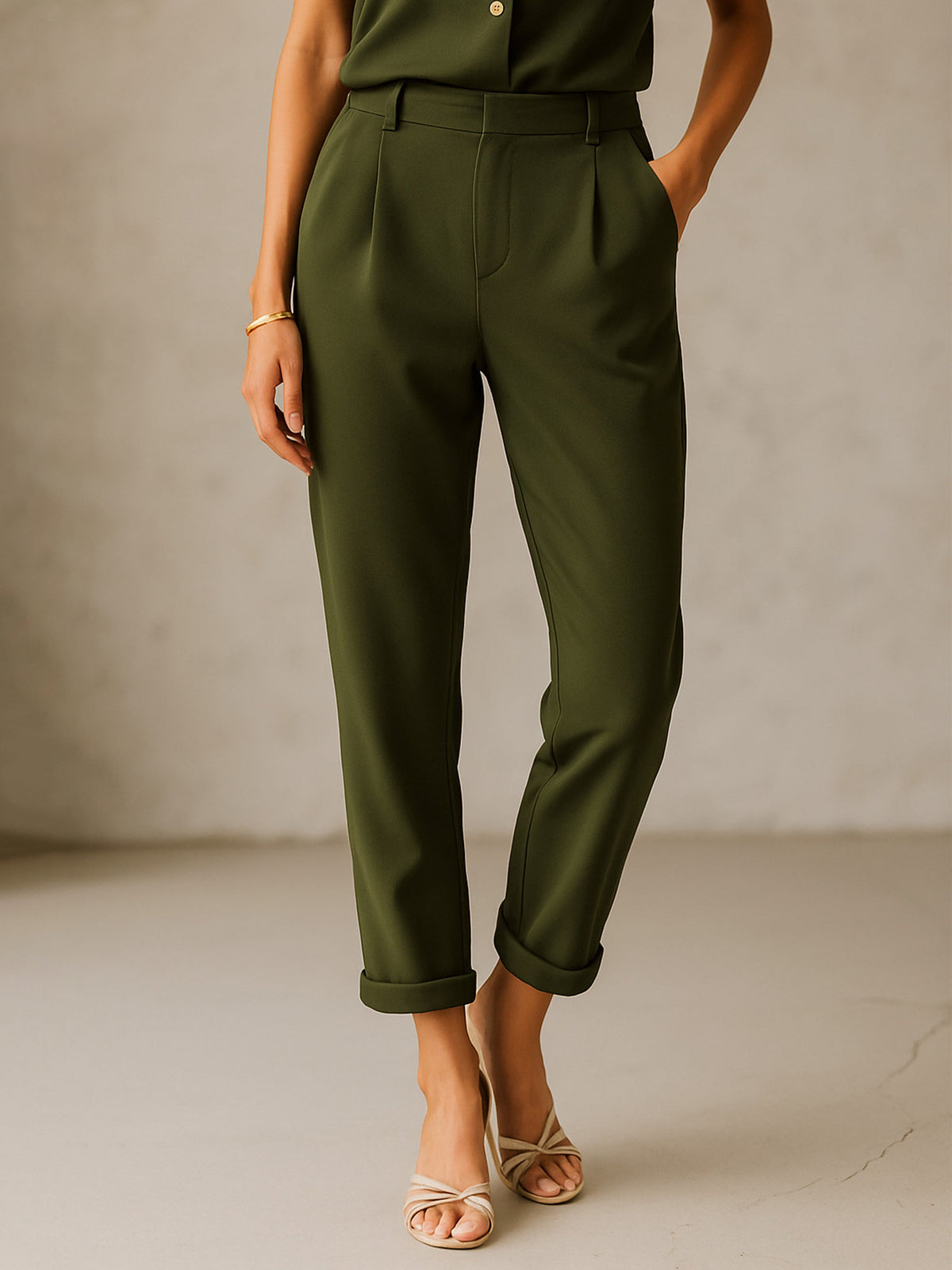 Women Olive Cross Pocket Bottom Fold Straight Pants-SFPANT51288