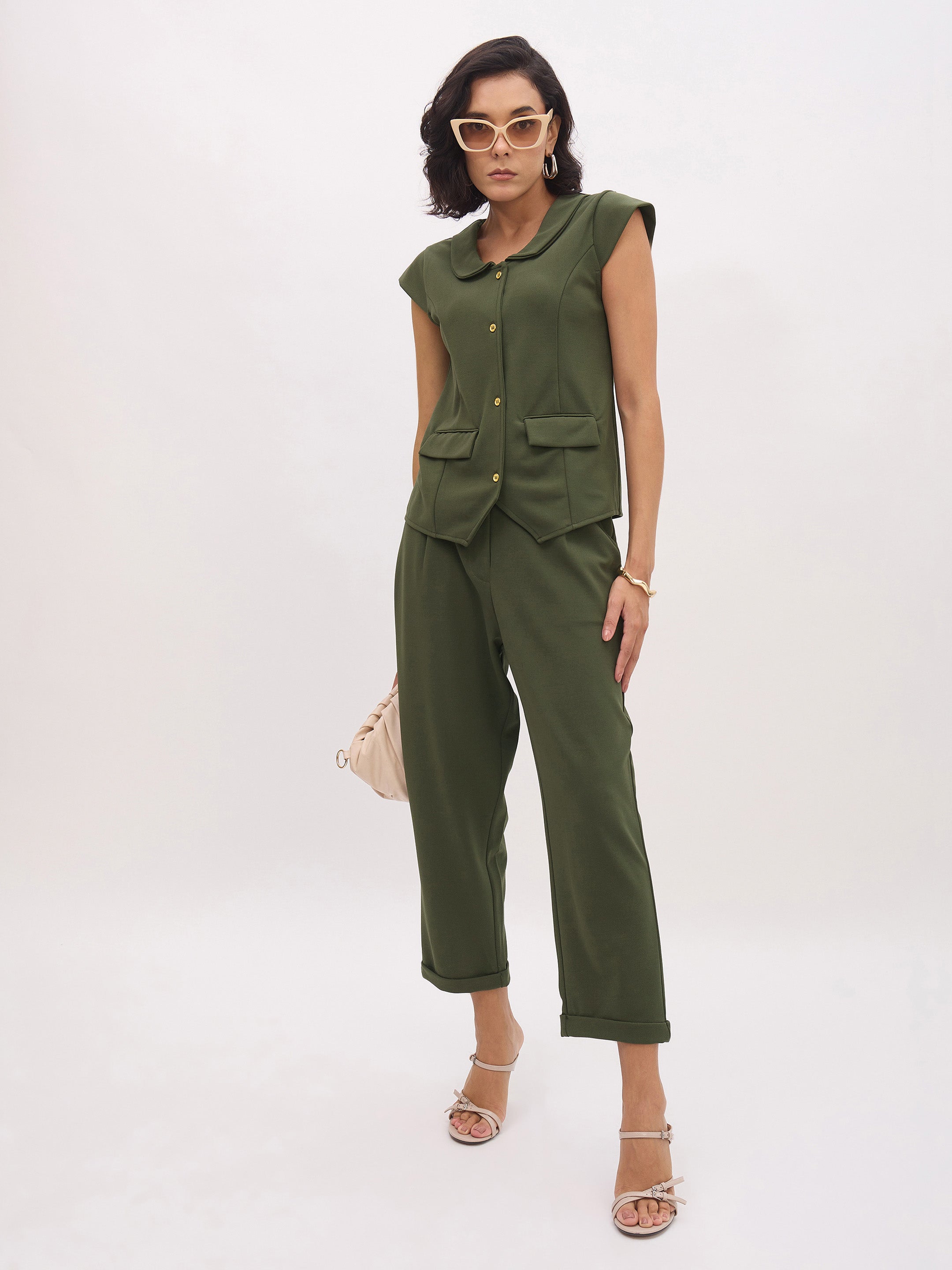 Women Olive Cross Pocket Bottom Fold Straight Pants-SFPANT51288