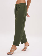 Women Olive Cross Pocket Bottom Fold Straight Pants-SFPANT51288