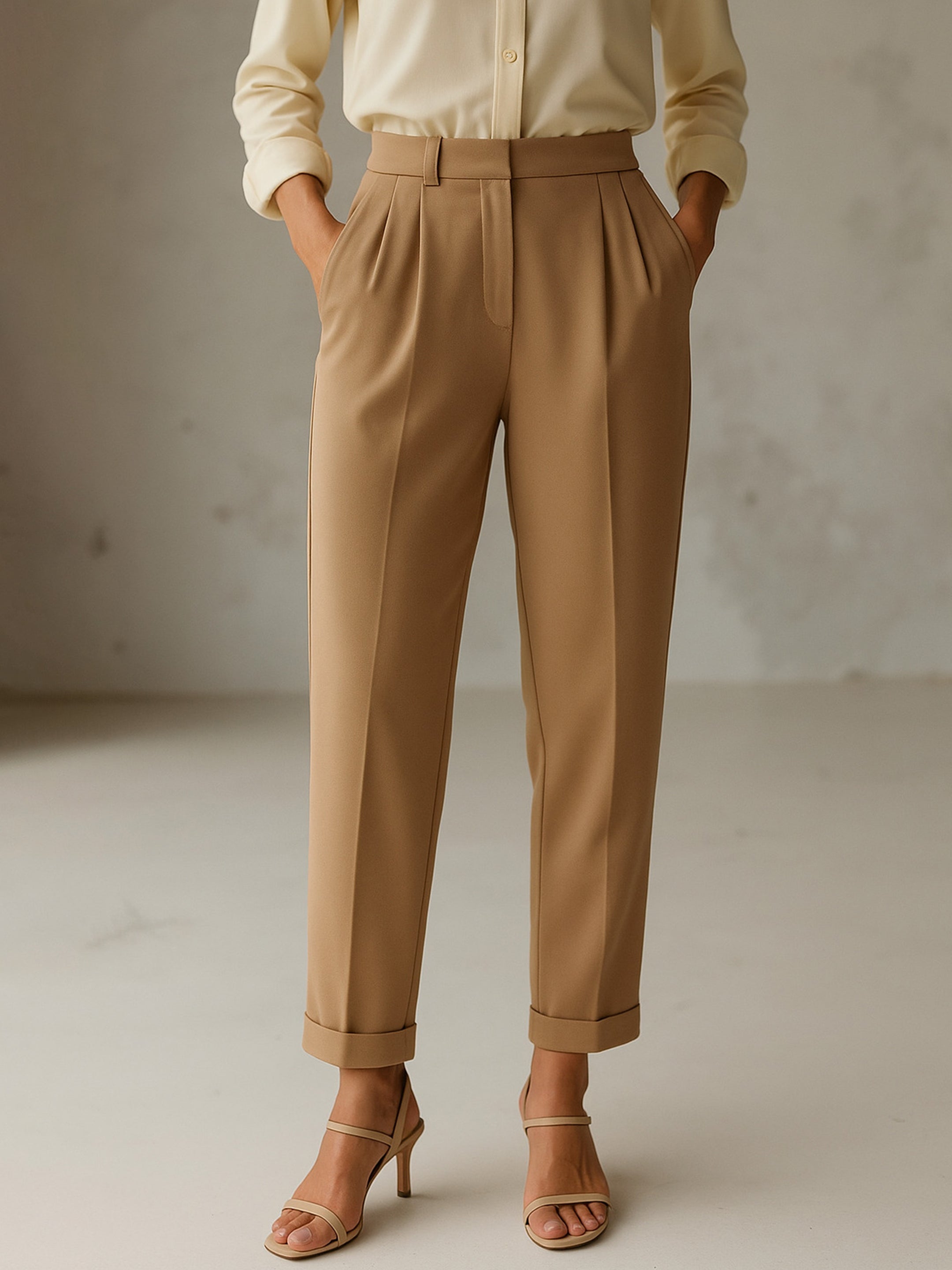 Women Beige Cross Pocket Bottom Fold Straight Pants-SFPANT51289