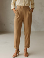 Women Beige Cross Pocket Bottom Fold Straight Pants-SFPANT51289