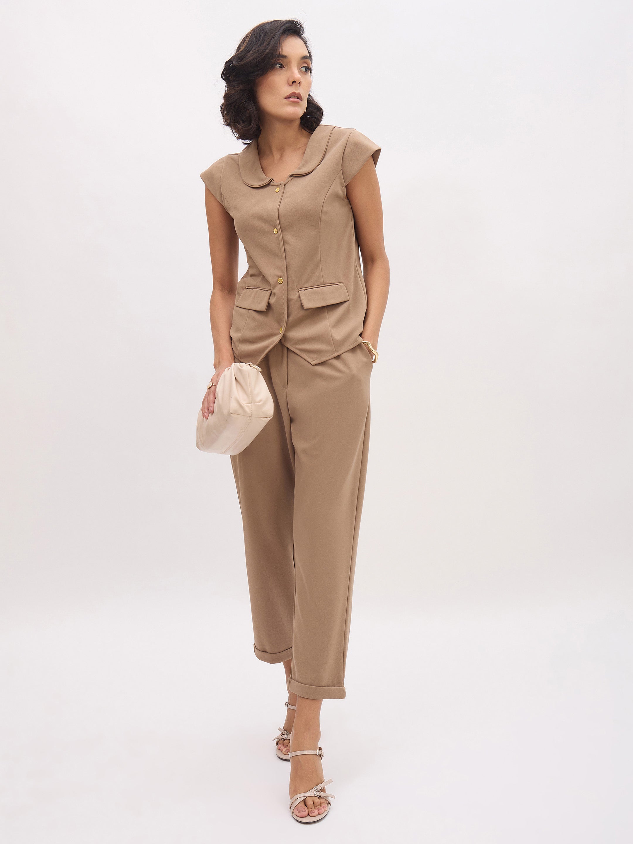 Women Beige Cross Pocket Bottom Fold Straight Pants-SFPANT51289