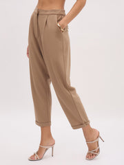 Women Beige Cross Pocket Bottom Fold Straight Pants-SFPANT51289