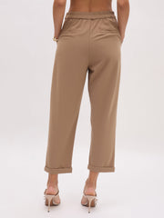 Women Beige Cross Pocket Bottom Fold Straight Pants-SFPANT51289