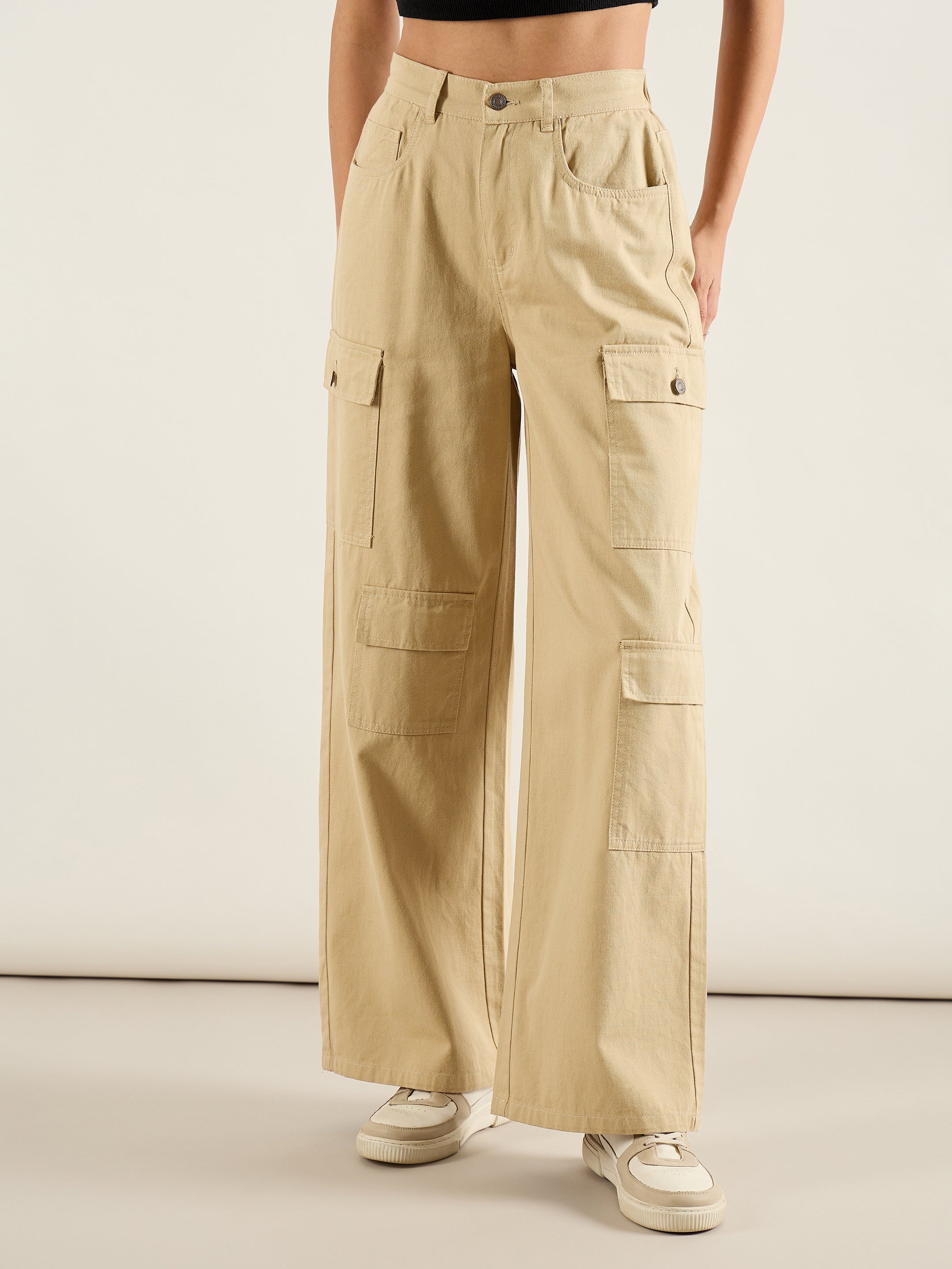 Women Beige Twill Multi Pocket Wide Leg Cargo Pants-SFPANT51292