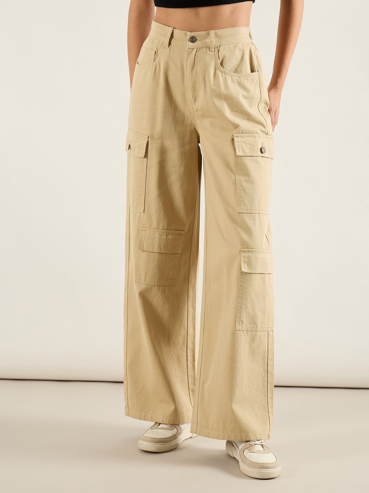 Women Beige Twill Multi Pocket Wide Leg Cargo Pants-SFPANT51292