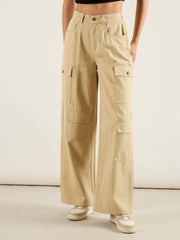 Women Beige Twill Multi Pocket Wide Leg Cargo Pants-SFPANT51292