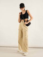 Women Beige Twill Multi Pocket Wide Leg Cargo Pants-SFPANT51292
