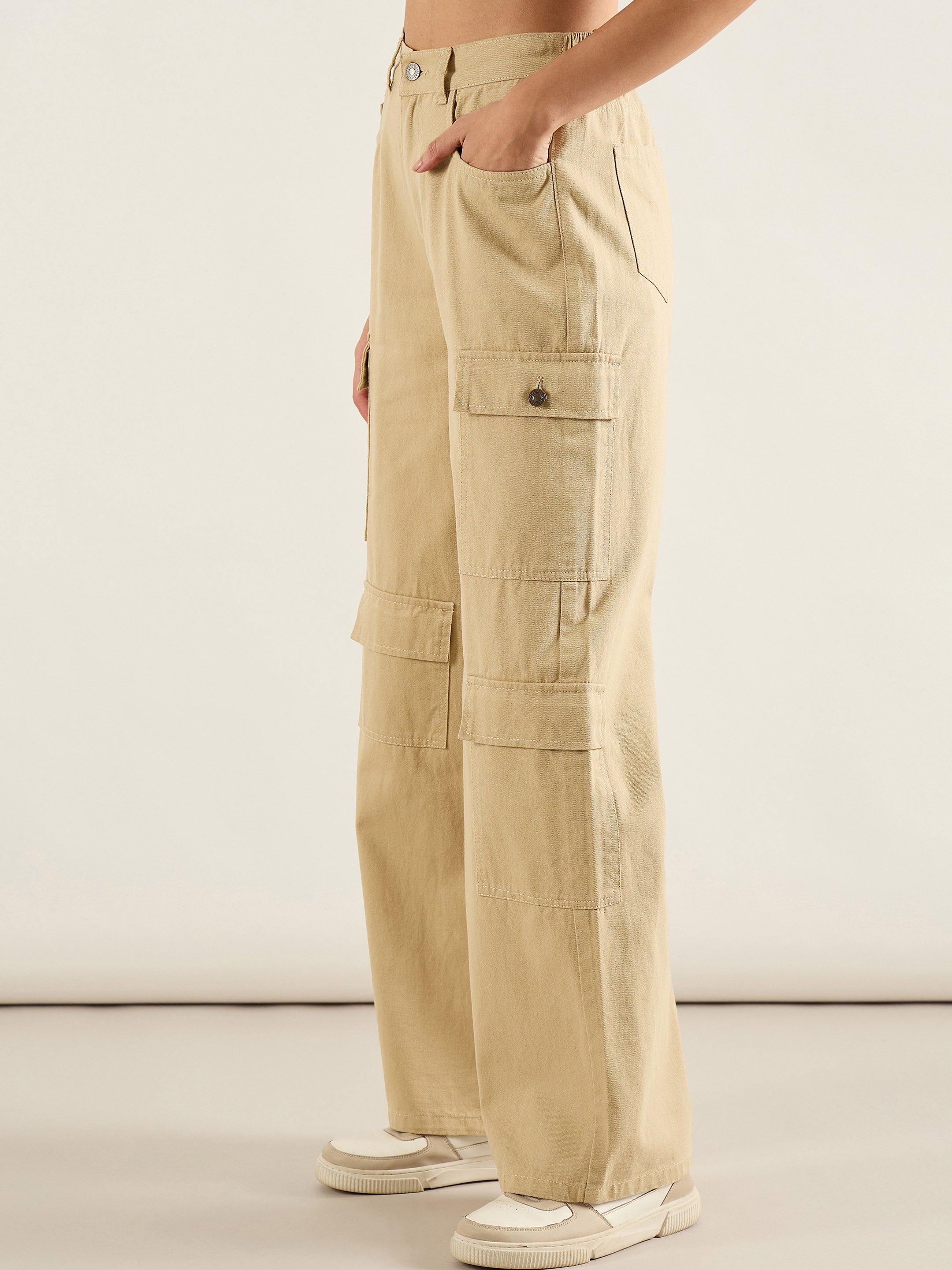 Women Beige Twill Multi Pocket Wide Leg Cargo Pants-SFPANT51292