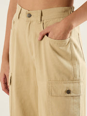 Women Beige Twill Multi Pocket Wide Leg Cargo Pants-SFPANT51292