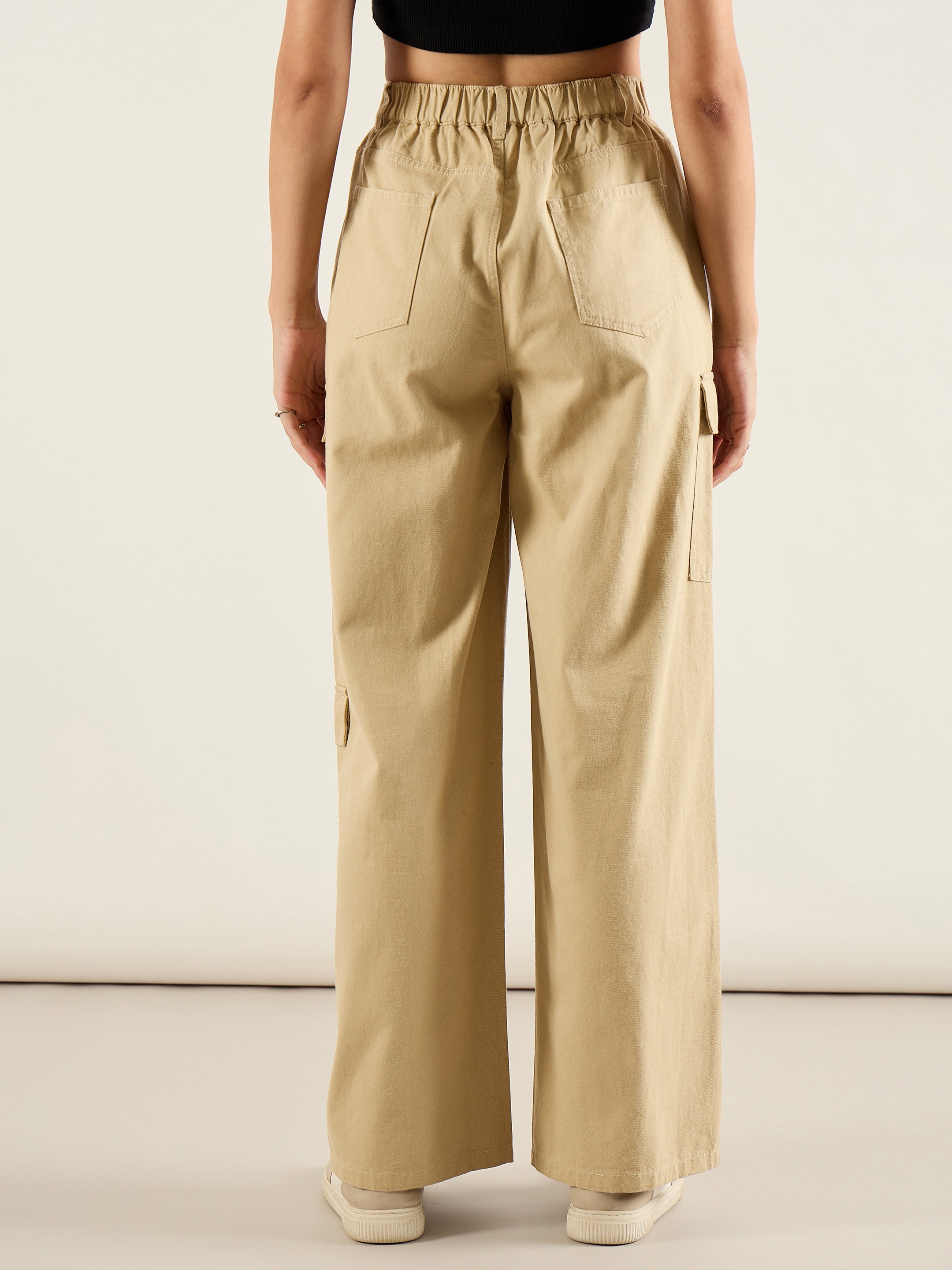 Women Beige Twill Multi Pocket Wide Leg Cargo Pants-SFPANT51292