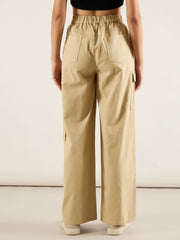 Women Beige Twill Multi Pocket Wide Leg Cargo Pants-SFPANT51292