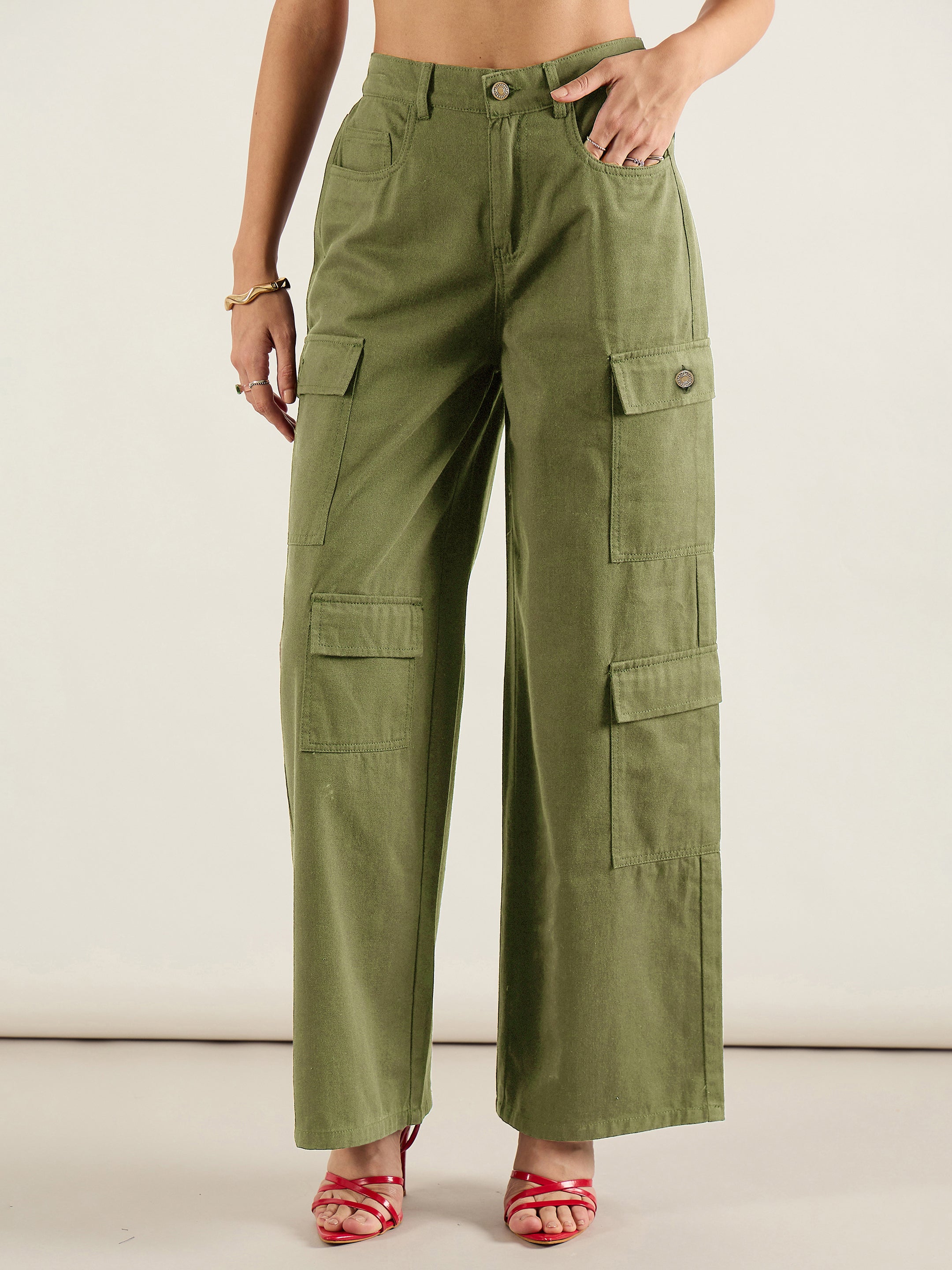 Women Olive Twill Multi Pocket Wide Leg Cargo Pants-SFPANT51293