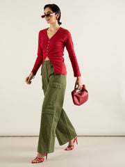 Women Olive Twill Multi Pocket Wide Leg Cargo Pants-SFPANT51293