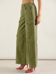 Women Olive Twill Multi Pocket Wide Leg Cargo Pants-SFPANT51293