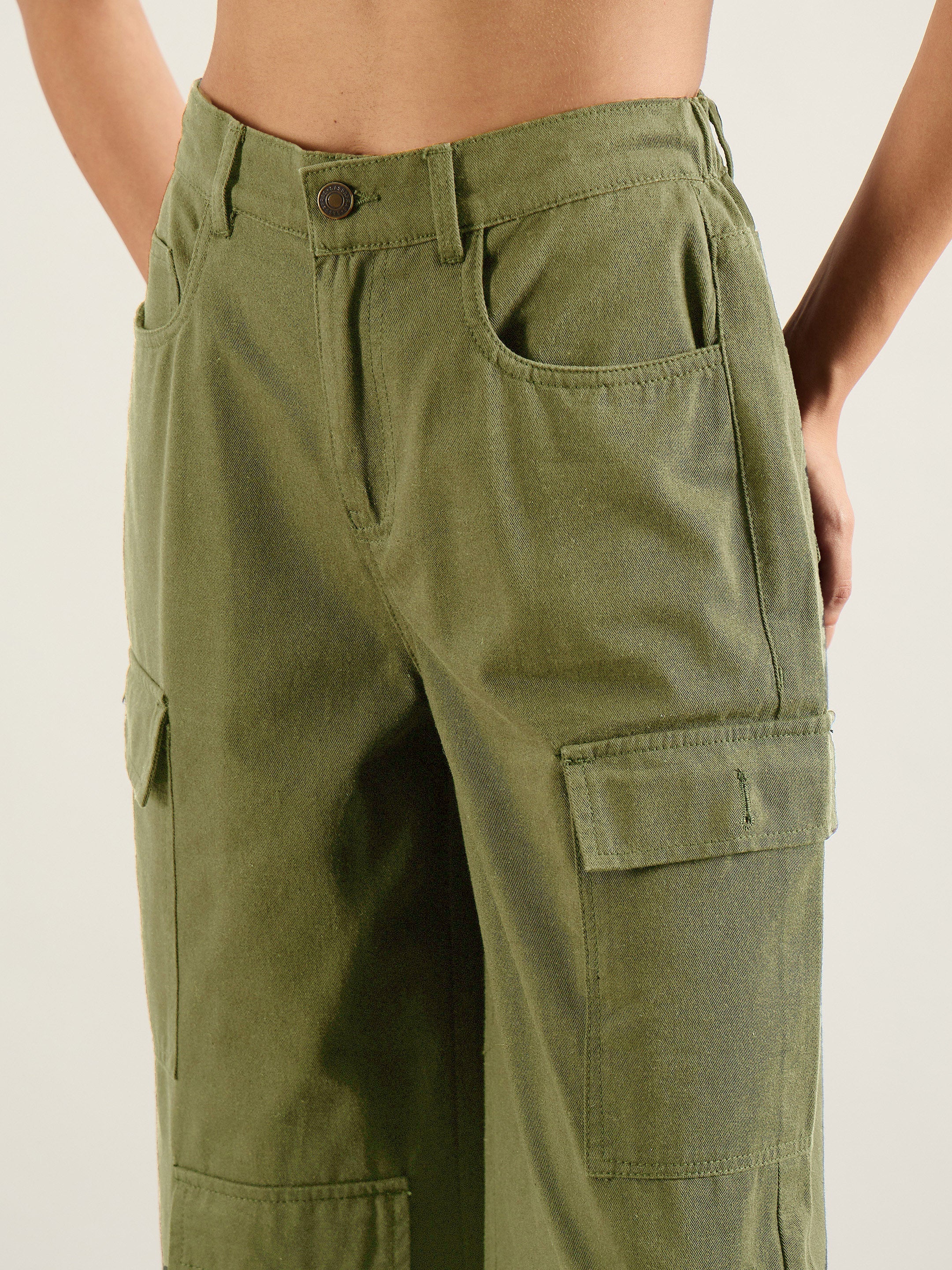 Women Olive Twill Multi Pocket Wide Leg Cargo Pants-SFPANT51293