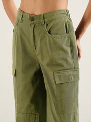 Women Olive Twill Multi Pocket Wide Leg Cargo Pants-SFPANT51293