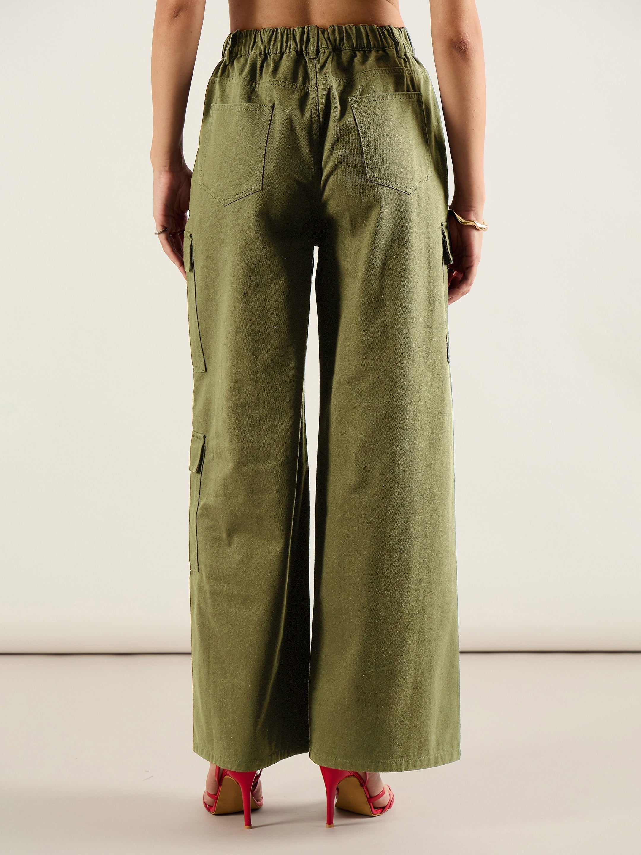 Women Olive Twill Multi Pocket Wide Leg Cargo Pants-SFPANT51293