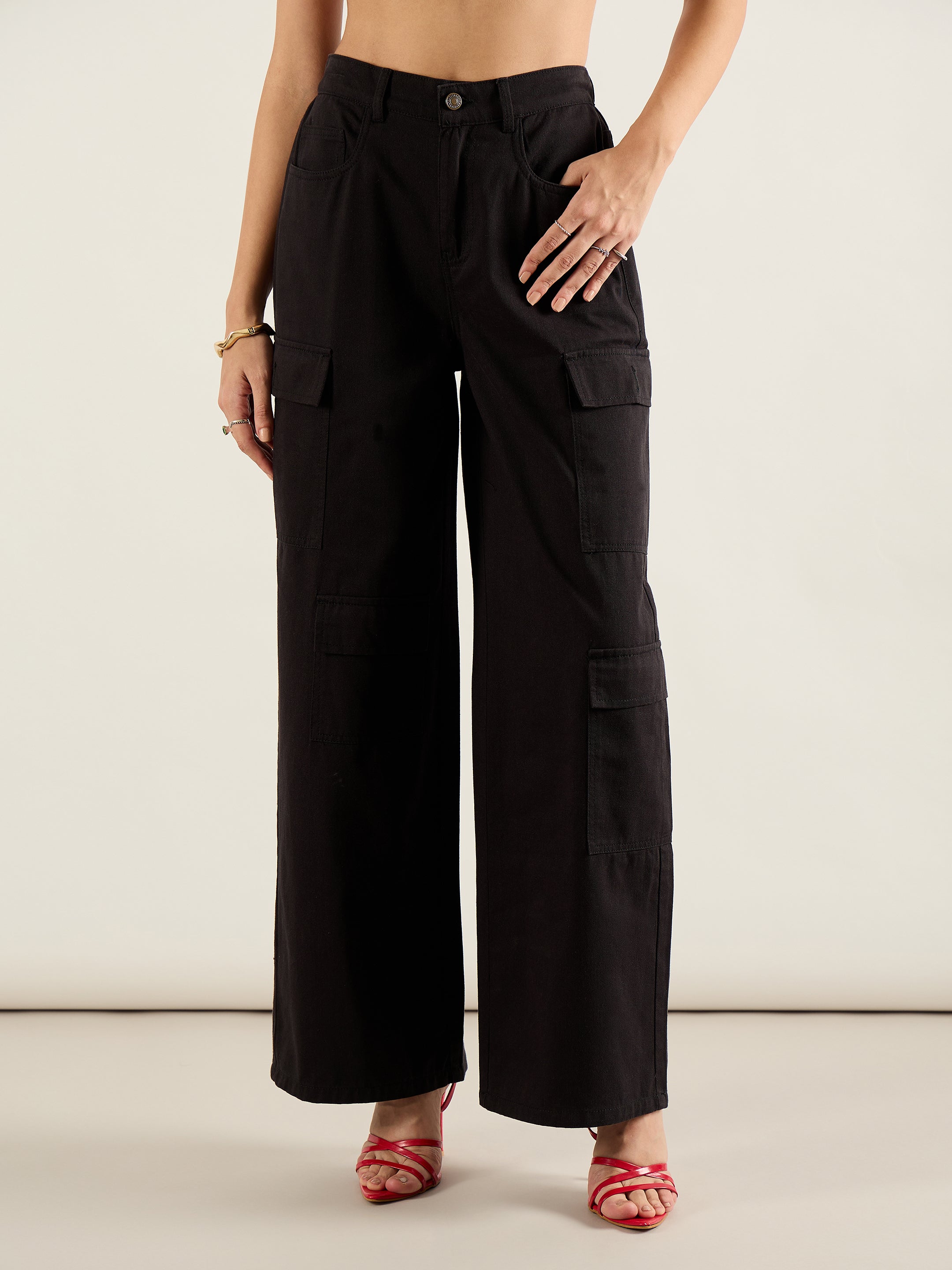 Women Black Twill Multi Pocket Wide Leg Cargo Pants-SFPANT51294