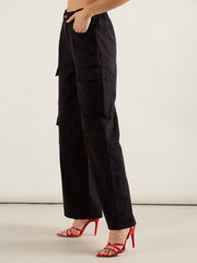 Women Black Twill Multi Pocket Wide Leg Cargo Pants-SFPANT51294