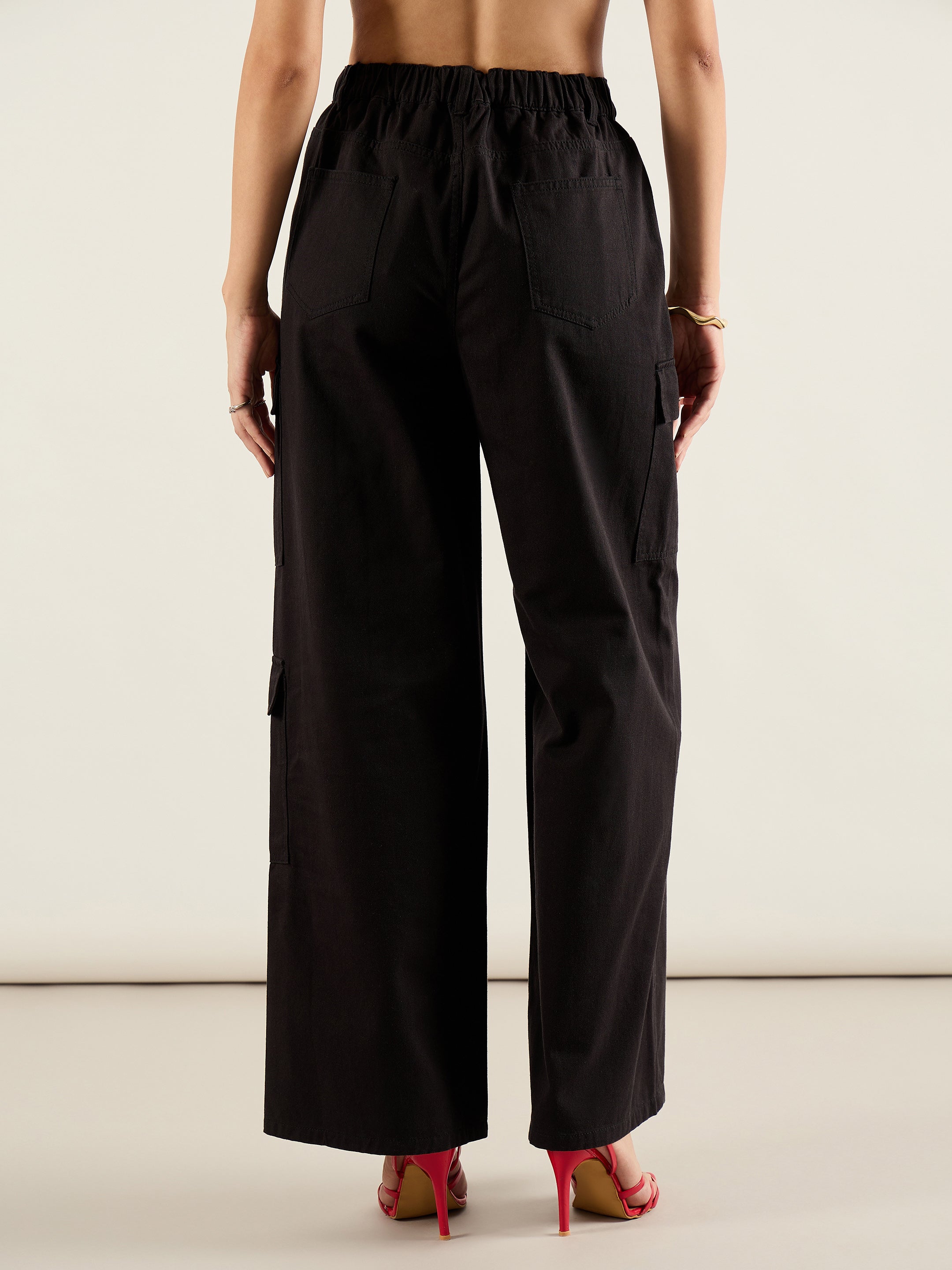 Women Black Twill Multi Pocket Wide Leg Cargo Pants-SFPANT51294