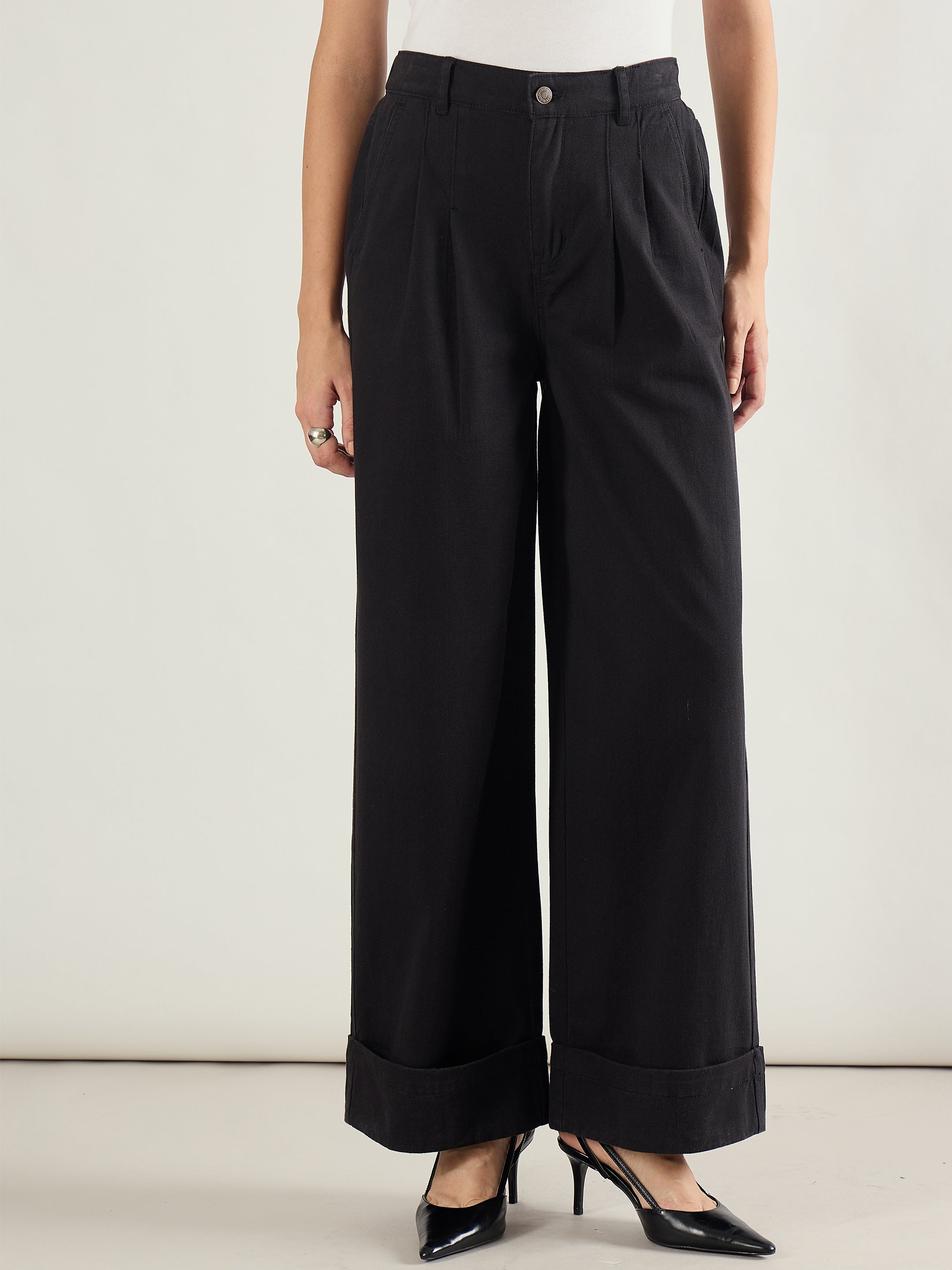Women Black Twill Inverted Hem Wide Leg Pants-SFPANT51296