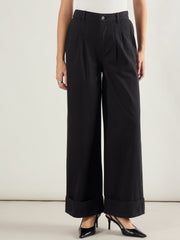 Women Black Twill Inverted Hem Wide Leg Pants-SFPANT51296