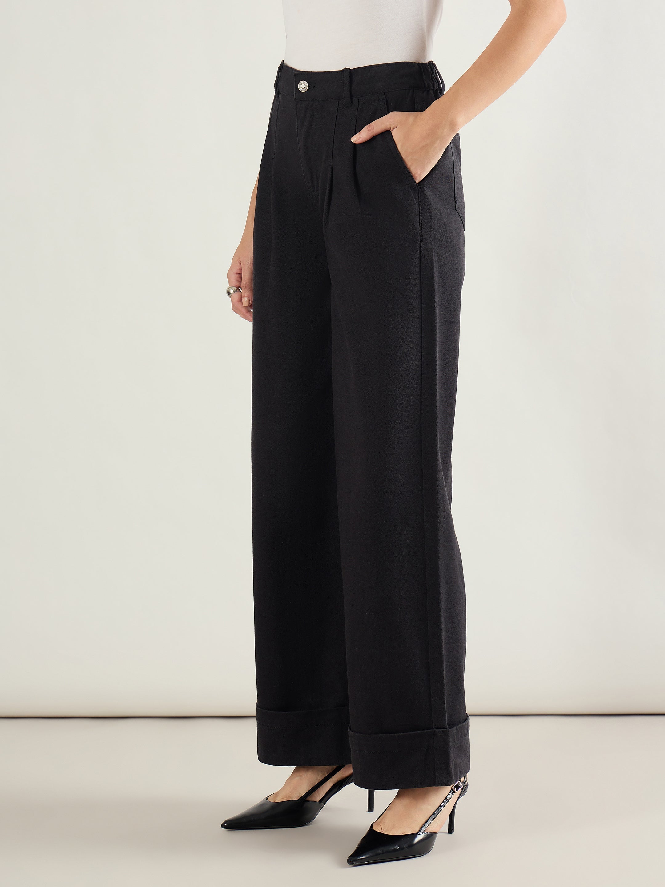 Women Black Twill Inverted Hem Wide Leg Pants-SFPANT51296
